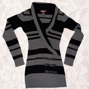 Say What? Black and Gray Striped Wrap Sweater with Buckle Accents